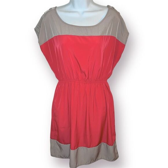Soprano Short Sleeve Doman Colorblock Mini Dress Coral Red Camel Tan L - Picture 1 of 9